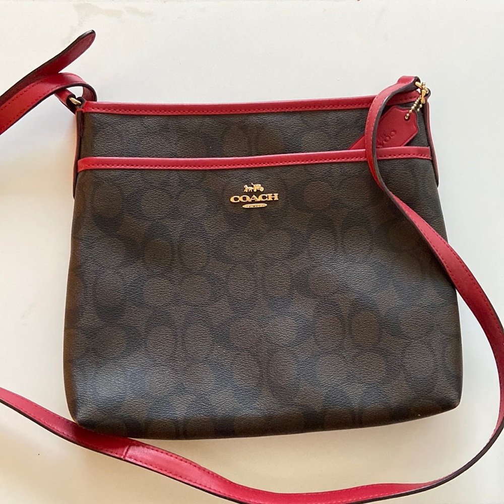 Coach Signature crossbody Brown/ with Red